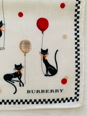 BURBERRY Black Cats & Balloons Handkerchief Scarf 22.25” Ivory Cotton EUC Japan